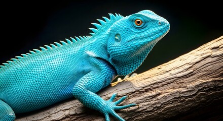 Obraz premium Closeup of a vibrant blue lizard basking on a branch, showcasing its unique scales and captivating eye isolated on black background