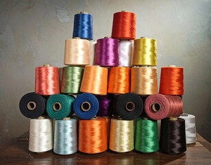 Colorful Spools of Thread Stacked in a Pyramid Formation.