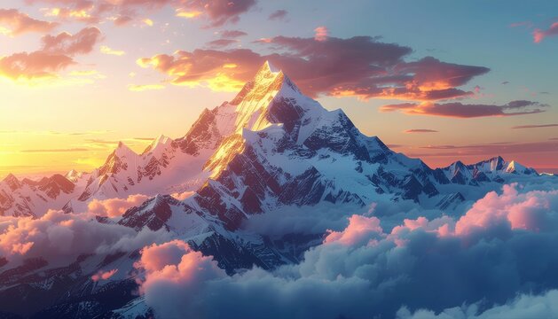 Majestic Snow-Capped Mountain Peak Above Fluffy Clouds at Sunset.