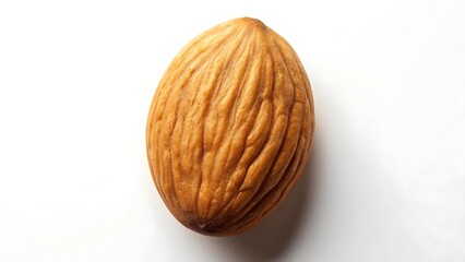 Single almond nut with textured shell on white background