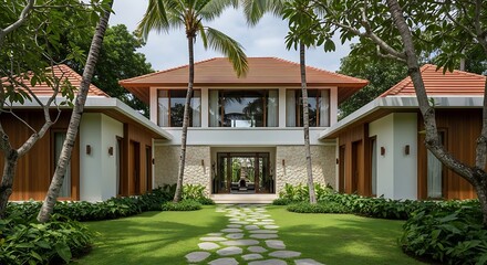 Naklejka premium Tropical villa entrance with lush greenery and stone pathway