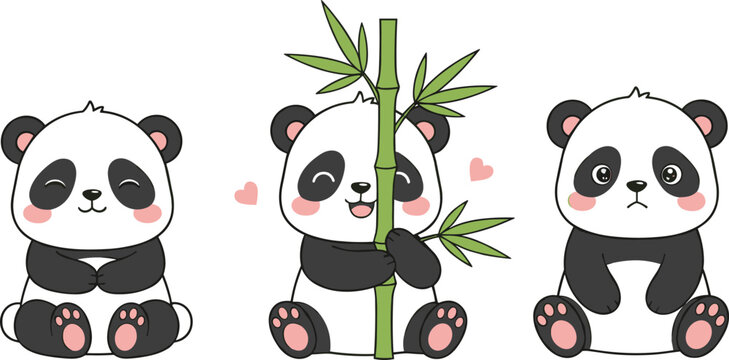 Vector Set of Cute Baby Panda Bears: Adorable Cartoon Characters Showing Different Emotions, Including Happy Panda Hugging Bamboo, Ideal for Childish Designs