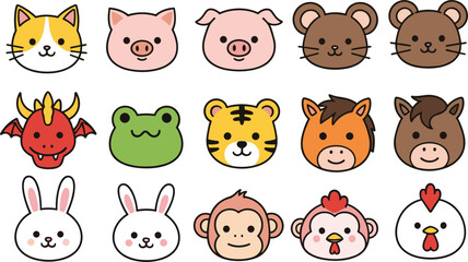 Cute Cartoon Animal Faces Vector Icon Set: Adorable Collection of Pets, Farm Animals, and Chinese Zodiac Characters Including Cat, Pig, Mouse, Dragon, Tiger, and Rabbit