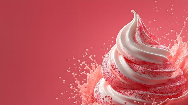Thick strawberry yogurt is pouring in a spiraling motion onto a creamy swirl, creating a vibrant splash against a soft pink background, showcasing delicious dessert indulgence