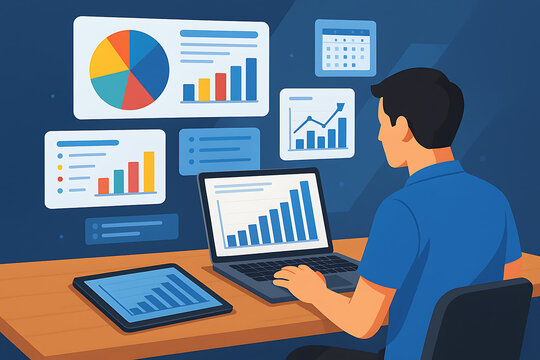 Business professional examining rising growth charts on digital screens representing financial success and corporate performance analytics