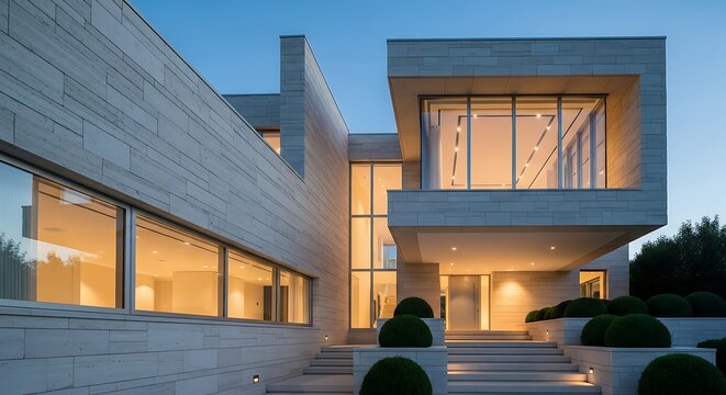 Modern luxury house exterior at dusk with warm interior lights - Powered by Adobe