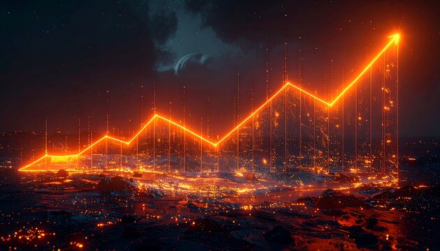 Glowing orange upward graph line over a city at night, suggesting progress and financial success