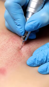 Dermatologist performing an electrocoagulation procedure with an electric needle to address inflammation on the skin. This is a specialized cosmetic treatment for skin care