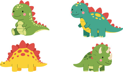 Cute Cartoon Dinosaur Vector Set: Adorable Illustrations of Triceratops, Stegosaurus, and Other Prehistoric Reptiles, Perfect for Kids' Designs and Jurassic Themes.