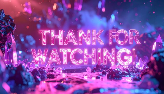 Glowing pink 'THANK FOR WATCHING' text over a rocky, crystal-filled alien-like landscape, with a pink & blue atmosphere