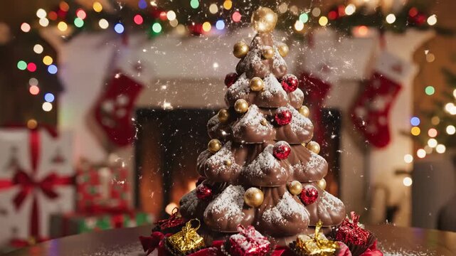 sweet holiday centerpiece, elegant praline chocolate sculpture adorned with seasonal embellishments, luxurious holiday dessert featuring confectionery tree and sparkling sugar details.