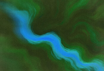 Abstract digital artwork featuring a luminous cobalt blue wave sweeping across a deep green background, creating a fluid organic composition ideal for modern design projects