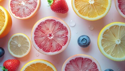 Fototapeta premium Vibrant Assortment of Fresh Citrus Slices, Strawberries, and Blueberries on a Light Pink Surface.