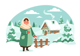 Village woman with headscarf, cheerful, standing near gate, winter landscape