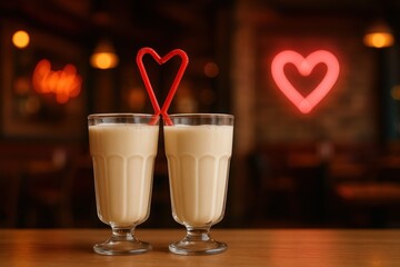 two elegant classic glass milkshake cups filled with creamy milkshake. each cup with a straw forming together a red heart symbol. cozy cafe background. romantic Valentines day date concept