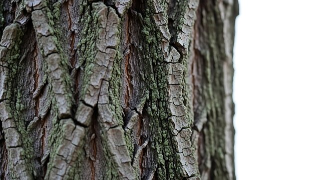 Close up of rough textured tree bark with green moss