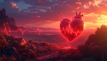 Glowing red heart with pulse line floating over a landscape at sunset with mountains and orange sky