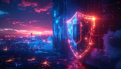 Glowing shield hovers near a digital wall, cityscape below and a dramatic sky above, rendered in pink and blue