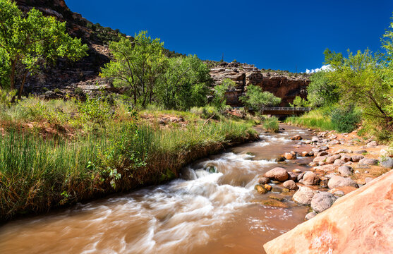 Fremont River flows over rocks in Capitol Reef National Park. Green trees line the bank, contrasting with the red rock cliffs under a clear blue sky