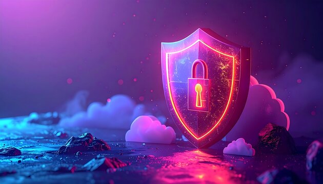 Glowing shield emblem with padlock on surreal surface, illuminated by vivid pink & blue lights, amidst cloud-like forms