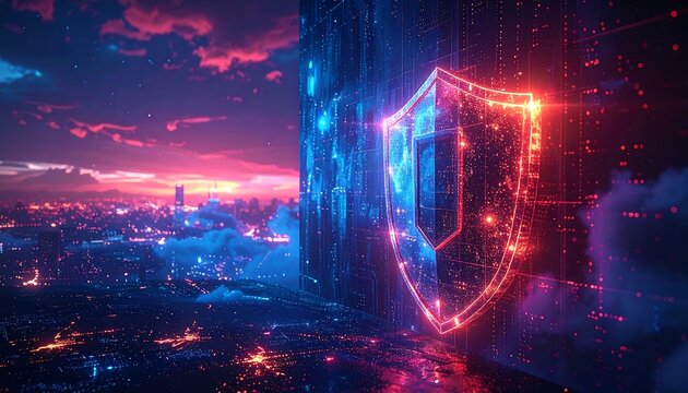 Glowing shield hovers near a digital wall, cityscape below and a dramatic sky above, rendered in pink and blue - Powered by Adobe