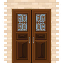 Classic Brown Double Doors with Decorative Glass Panes Set in a Textured Brick Wall with a Transparent Background