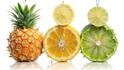 Pineapple and citrus fruits stacked together studio shot