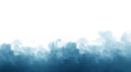 Abstract blue smoke cloud rising on white background, smooth texture and soft flow symbolizing calmness, creativity, and inspiration, perfect for modern art, design, and digital backgrounds.