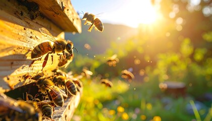 Honeybees swarm a wooden hive in sunlit, blooming meadow; mountains in background