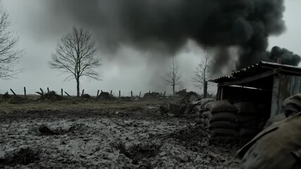 Soldier runs through muddy trench under rising smoke. Explosion sends black smoke over battlefield. War zone is filled with mud and debris. Military combat unfolds on frontline near sandbag shelter.