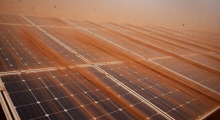 Dust covered solar panels in a desert landscape