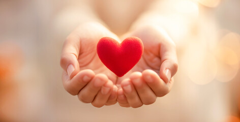 赤いハートを包む手元のクローズアップ|医療・福祉・サポートの優しさイメージ