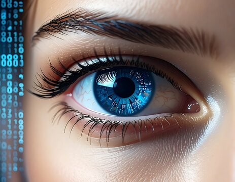 Close-up of a blue human eye with binary code overlay