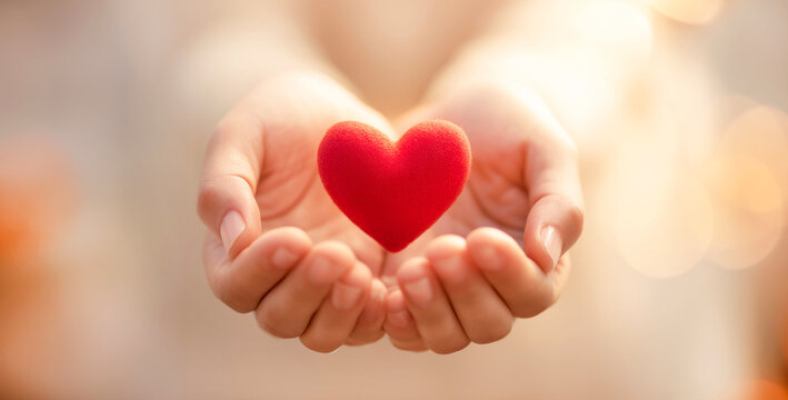 赤いハートを包む手元のクローズアップ｜医療・福祉・サポートの優しさイメージ