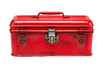 A weathered, red metal toolbox