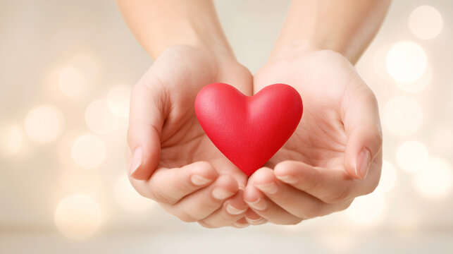 赤いハートを包む手元のクローズアップ｜医療・福祉・サポートの優しさイメージ