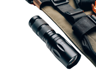 A Black Metal Tactical Flashlight Rests On A Green And Brown Camouflage Strap With A Black Background