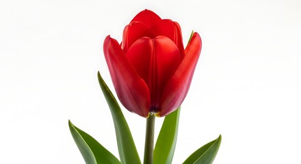 Single red tulip flower isolated on white background