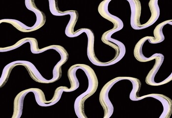 Abstract pattern of wavy neon ribbons in purple and white on a deep black background, creating a dynamic texture suitable for modern design, art backgrounds, and visual media