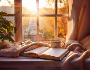 cozy window scene with an open notebook on a soft blanket sunlight filtering through