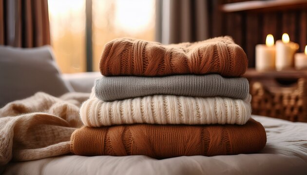 cozy knitted sweaters neatly folded on a soft bedspread