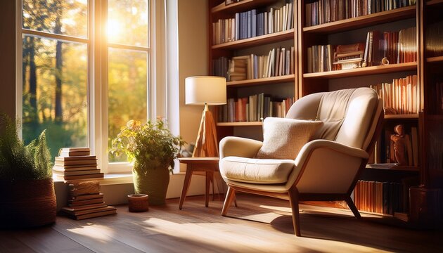 cozy reading nook with armchair books and natural light streaming in