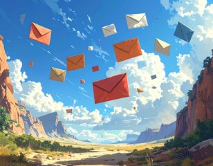Envelopes Floating in a Desert Landscape - Digital Communication Concept.