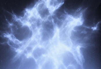 Blue cosmic nebula with wispy gas clouds and scattered stars across a deep space background, providing a dramatic science fiction themed backdrop for presentations and websites