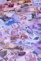 Money background, currency exchange, paper banknotes from different countries. Money cash currency