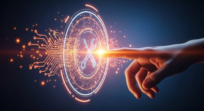 Digital Repair Interface: Futuristic Tool Icon Touch Technology. - Powered by Adobe