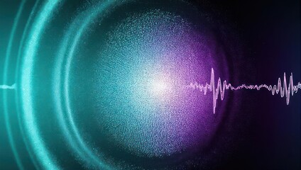Abstract digital artwork of pulsating circles and soundwave in teal and purple hues