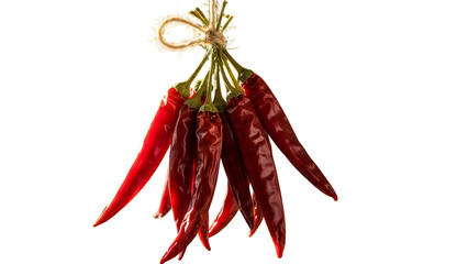 Vibrant Red Chili Peppers Hanging on Twine Against Transparent Background With Bright Studio Lighting For Culinary Ingredient Photography