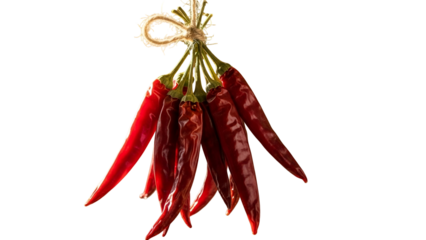 Vibrant Red Chili Peppers Hanging on Twine Against Transparent Background With Bright Studio Lighting For Culinary Ingredient Photography