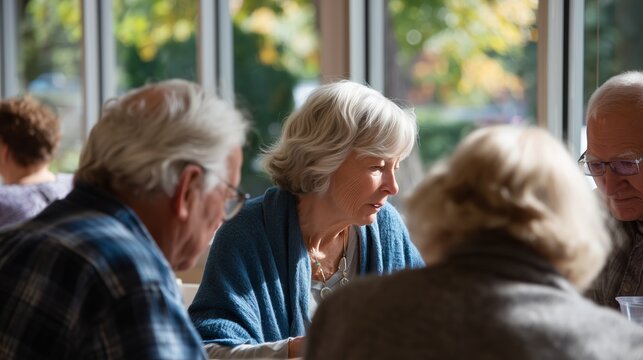 Group of seniors enjoying shared time at cafe with bright windows in a cozy atmosphere - Powered by Adobe